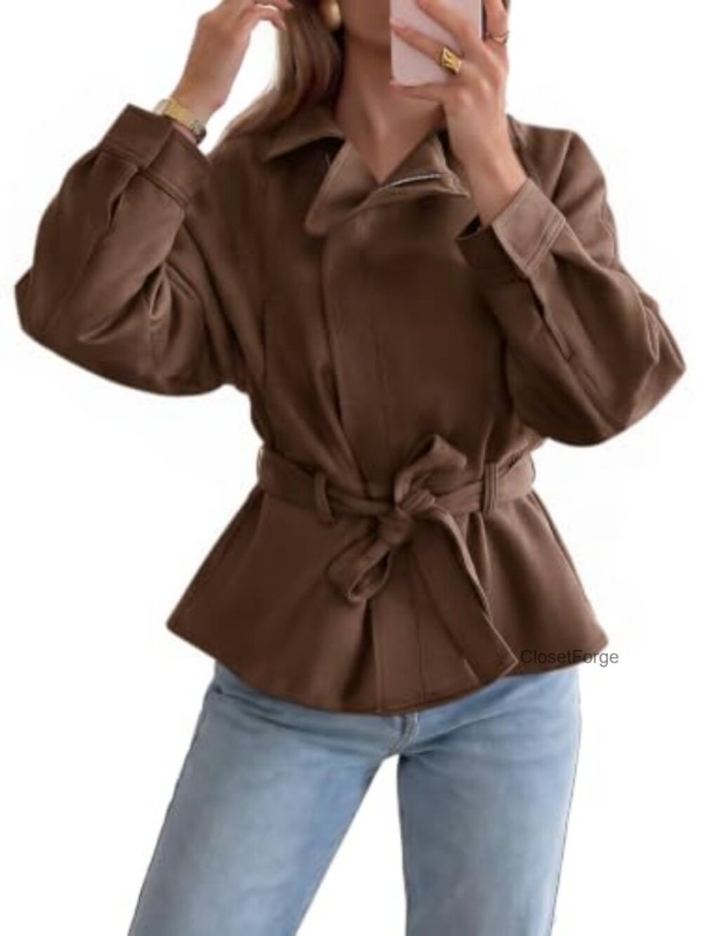 Faux Suede Cropped Moto Jacket Zip Up Lapel Belted Trench Coat